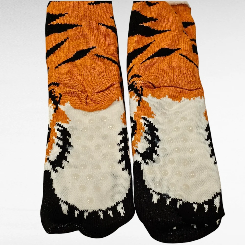 Tiger Sherpa Lined Slipper Socks Non Skid One Size